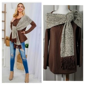 Ryu Long Sleeved Brown Top Attached Scarf Shawl White & Black & Brown Size Large